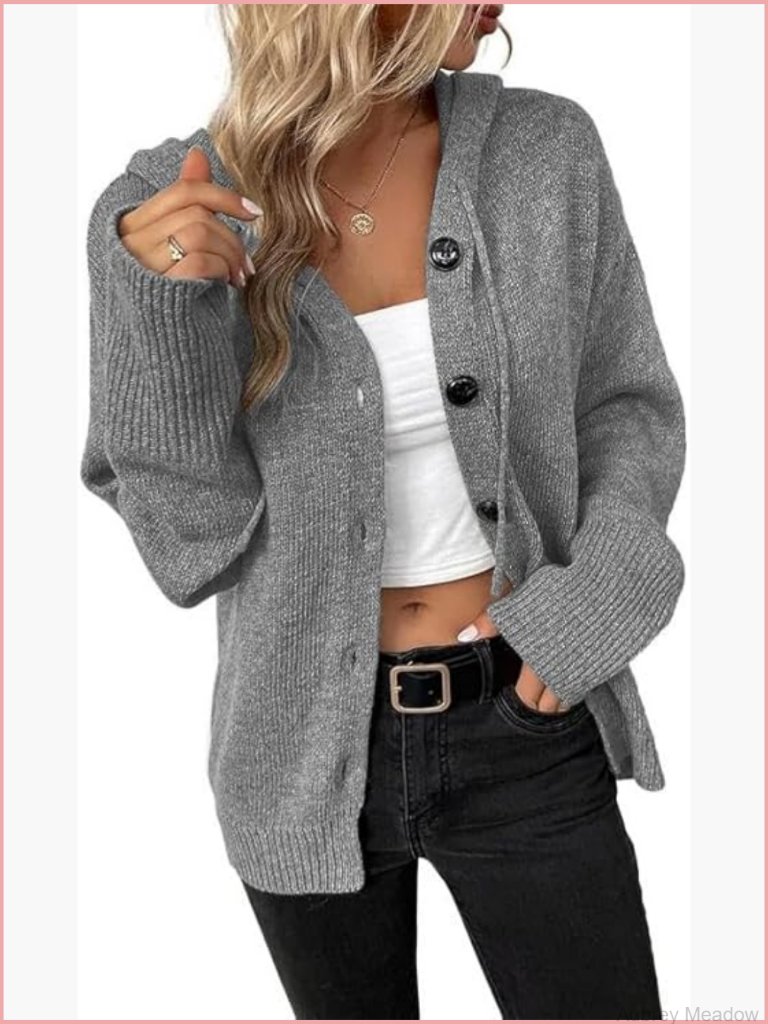 Open Front Hooded Cable Knit Cardigan Long Sleeve Button Down Loose